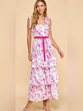 Pink Floral Tiered Maxi Dress with Sash